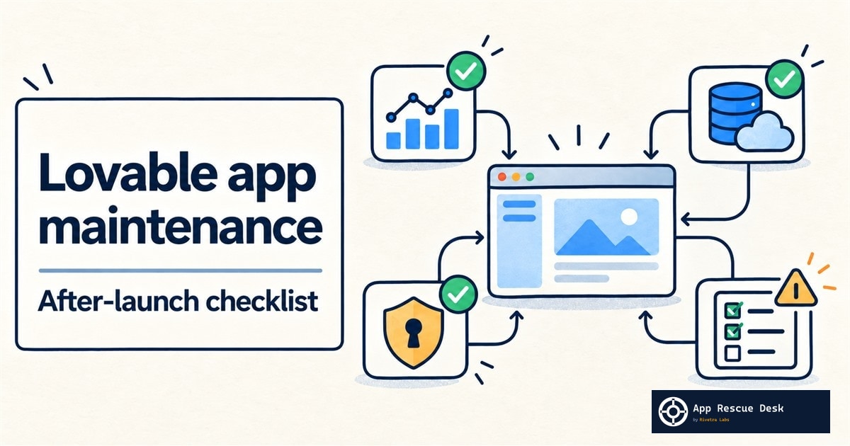 A Lovable app connected to monitoring, backup, security, and release checklist controls in an after-launch maintenance loop.