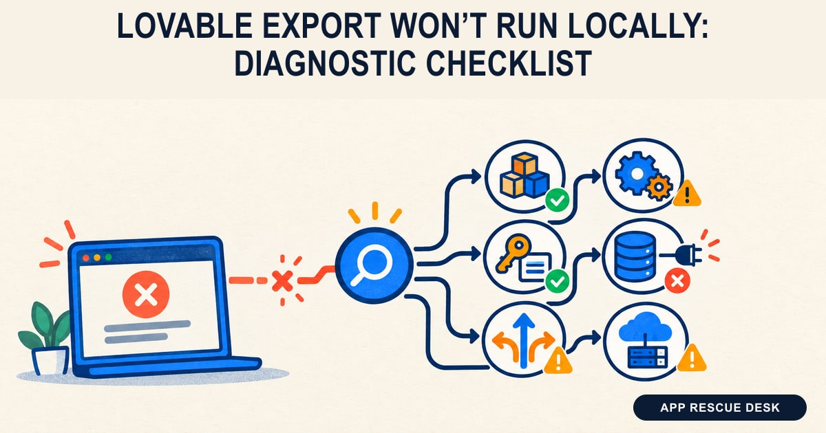 A failed local web app branches into six icon-only checks for packages, build, environment, database, routing, and cloud runtime.