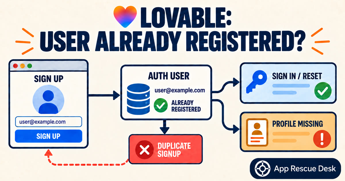 A published Lovable signup finds an existing Auth user and separates sign-in or password reset from a missing application profile
