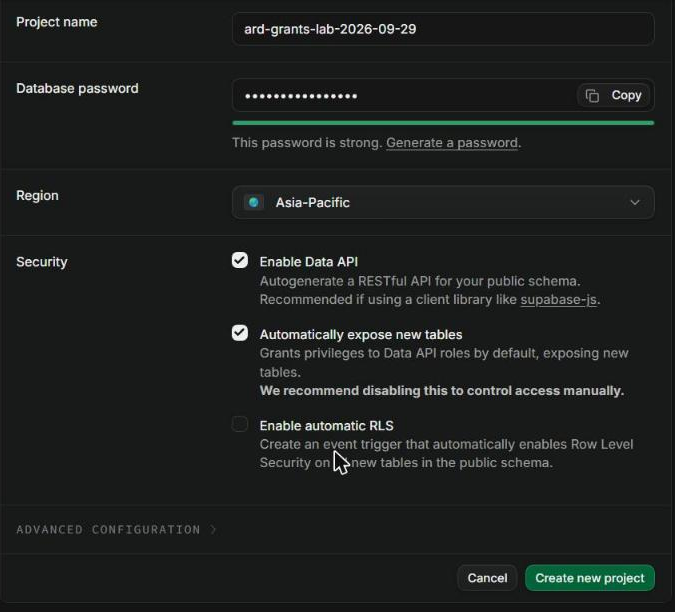 Supabase new-project form, Security section, 2026-09-29: “Automatically expose new tables” ticked, “Enable automatic RLS” unticked