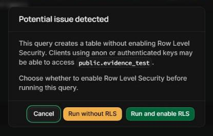 SQL editor warning before creating a table without RLS