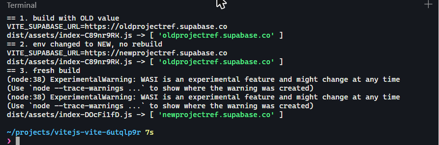 Vite build: the old Supabase host stays in the bundle after the env value changes, until a fresh build