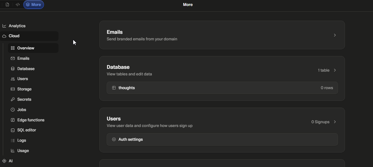 Lovable Cloud project editor, with the database administered from inside Lovable rather than a Supabase dashboard