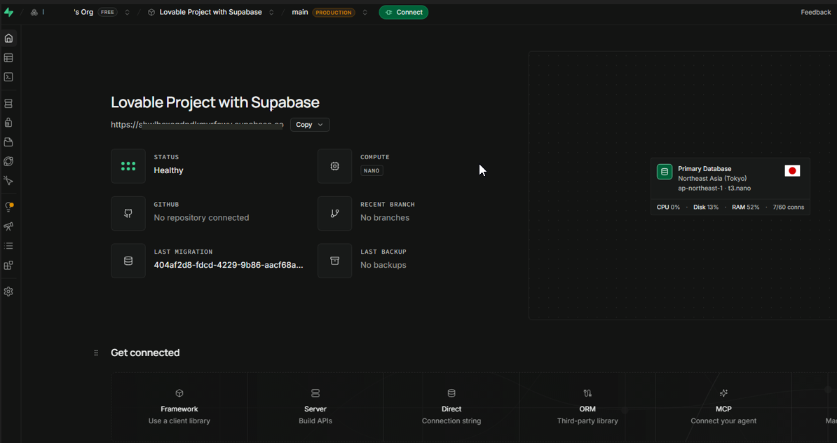 The same project in the Supabase dashboard, under an organisation you can open with your own login