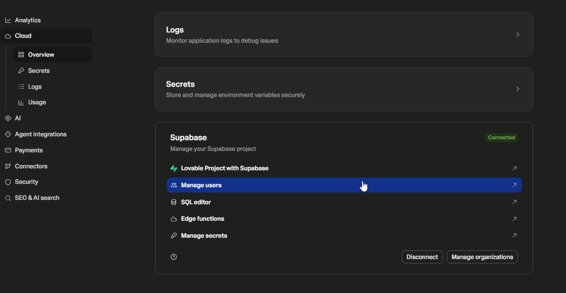 The Cloud panel on a project using its own Supabase backend, with outbound links to the dashboard